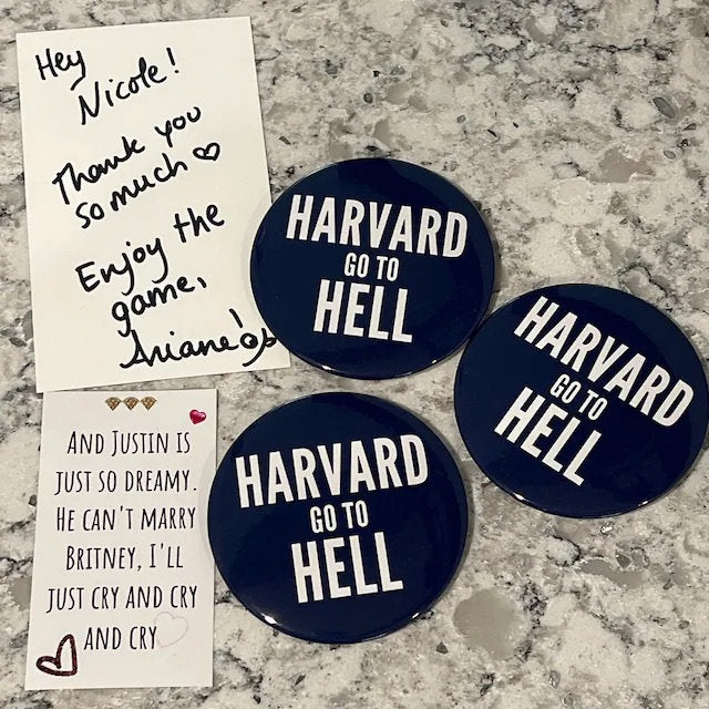 Harvard Go to Hell Pin Button 3"