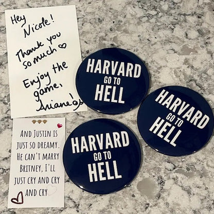 Harvard Go to Hell Pin Button 3"
