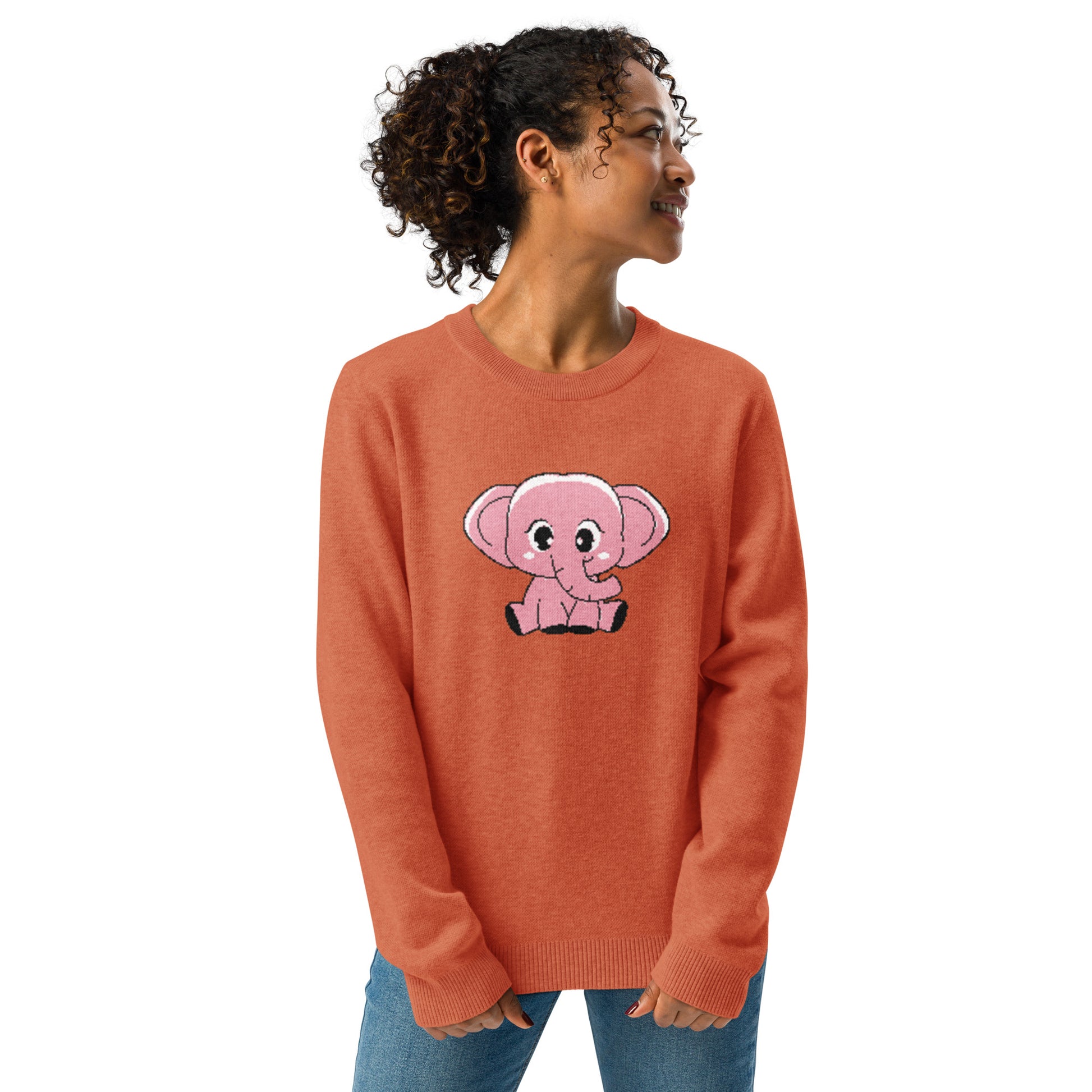 Person wearing an orange sweater with a pink elephant design